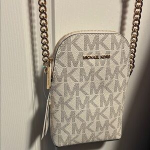 Michael Kors Cream MK Logo Crossbody Phone Pouch with Gold Chain